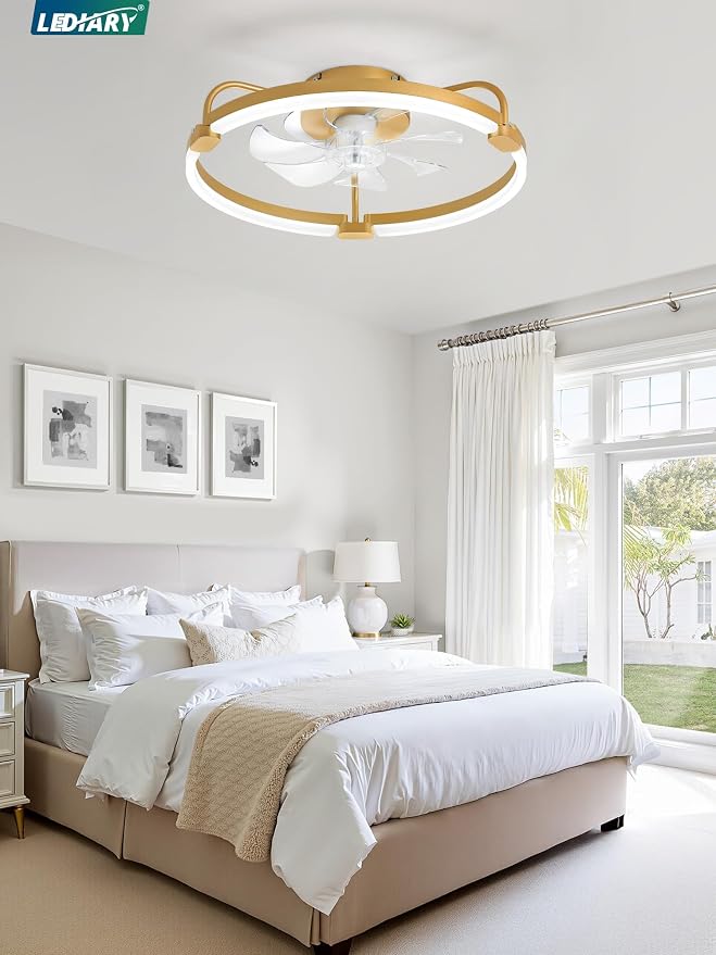 LEDIARY Ceiling Fans with Lights and Remote, 20'' Low Profile Ceiling Fan with Light, 3000-6000K Dimmable Fandelier LED Fan Light, 6 Wind Speeds, Gold Modern Flush Mount Ceiling Fan for Bedroom