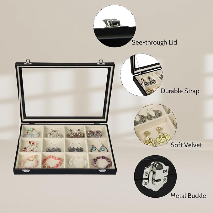 Stratalife 12 Grid Bracelet Jewelry Box, Bangle Holder Organizer with Lid | PU Leather Storage Box for Earring, Ring, Studs and Trinkets, Soft Velvet Drawer Organizer for Women, Dustproof, Beige Black