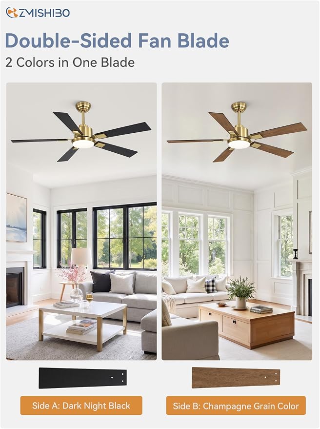 ZMISHIBO 52 inch Black and Gold Ceiling Fans with Lights and Remote, Indoor/Outdoor Modern Ceiling Fan for Bedroom Living Room Patio, 6 Speed Reversible Quiet DC Motor, 3 CCT, Dual Finish Blades
