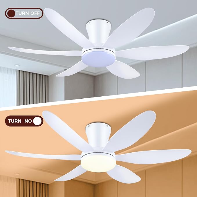 GJeg Ceiling Fans with Lights,42" Low Profile Ceiling Fan with Light and Remote Control,Flush Mount, Reversible, Dimmable, Noiseless, White Ceiling Fan for Bedroom