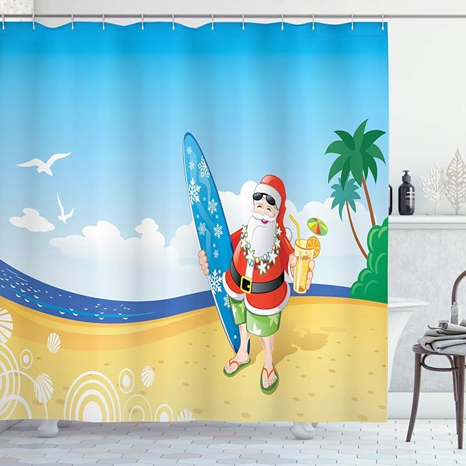 Ambesonne Christmas Shower Curtain, Santa Claus on The Beach Surfboard Summer Party Celebration Tropical Art, Cloth Fabric Bathroom Decor Set with Hooks, 69" W x 75" L, Yellow Blue