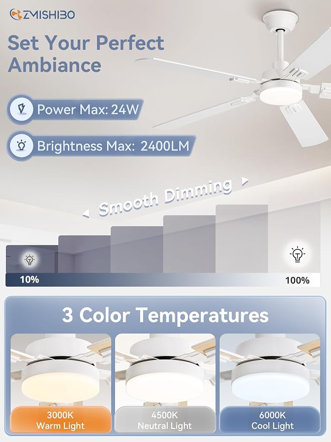 ZMISHIBO 52" Ceiling Fans with Lights, White Modern Ceiling Fan with Remote & App Control, bedroom Indoor Ceiling Fan with Dual Finish Blades, Quiet & Strong Motor, 24W Dimmable Bright LED Light.