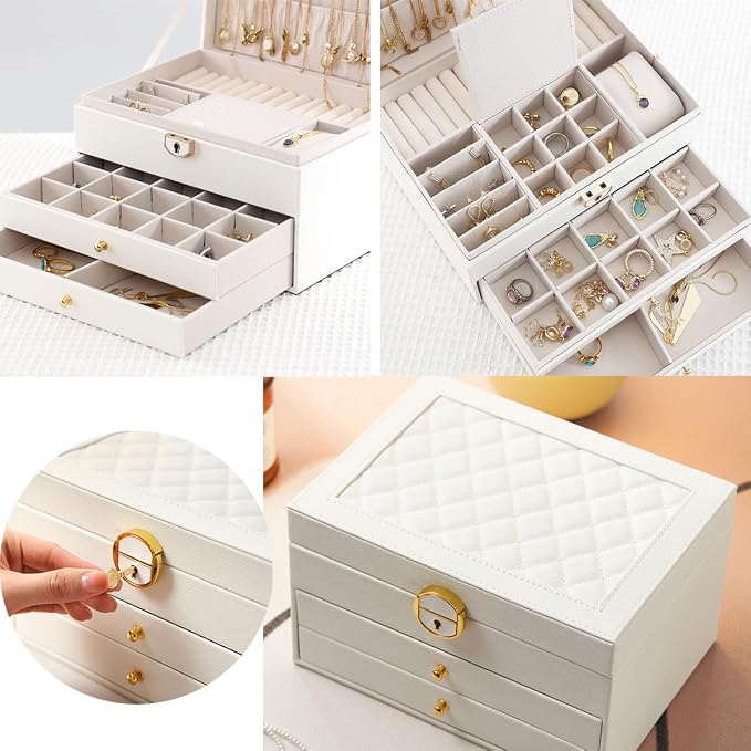 GUOER Jewelry Box for Women Girls, 3 Layers Large Jewelry Organizer (White) | Vintage Quilting Stitching PU Leather, Earrings Bracelets Rings Necklace Watches Storage Large Jewellery Holder Case Gifts