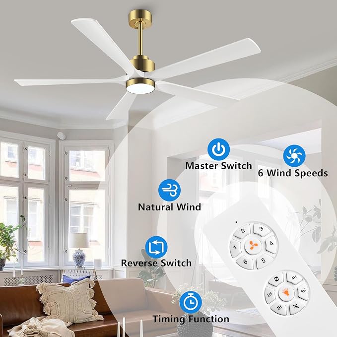 ELEHINSER 60" Modern Ceiling Fan with Lights and Remote Control, 5 Solid Wood Blades 6-Speed Noiseless Reversible DC Motor, Ceiling Fan for Bedroom Dinning Living Room, Gold Finish with White Blade