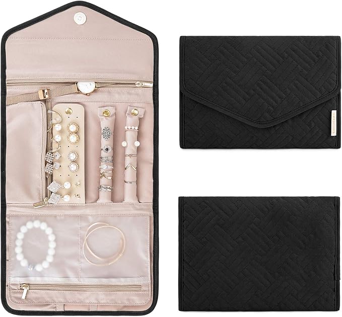 BAGSMART Travel Jewelry Organizer Roll Foldable Jewelry Case for Journey-Rings, Necklaces, Bracelets, Earrings, Black