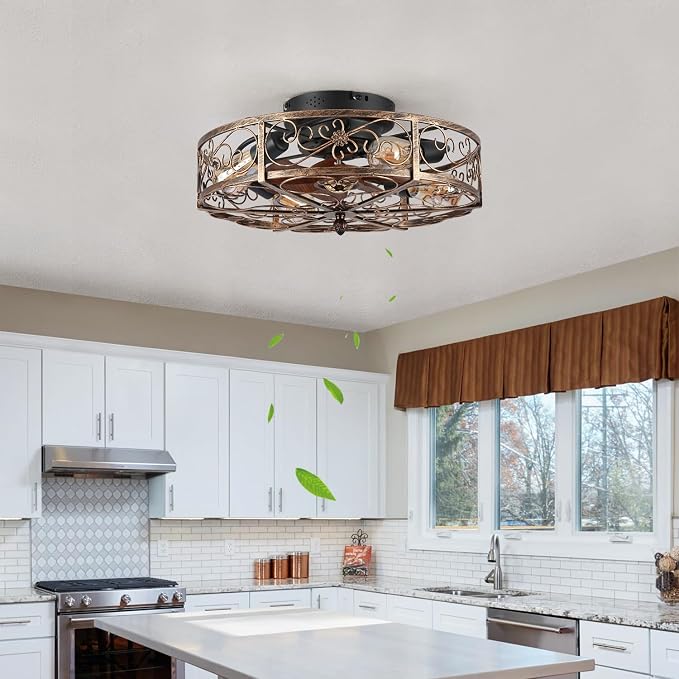 20'' Caged Ceiling Fan with Lights and Remote Control,Small Farmhouse Bladeless Low Profile Ceiling Fans Lights,Vintage Flush Mount Ceiling Light,Reversible Motor 6 Speeds for Bedroom,Living Room