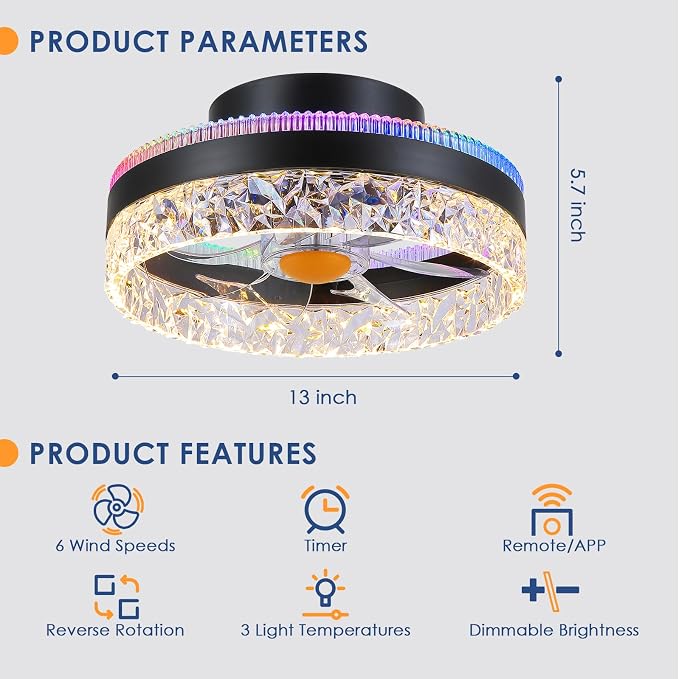 Mpayel 13" Low Profile Ceiling Fan with RGB Light - Modern Bladeless Flush Mount Ceiling Fan with Remote, Quiet DC Motor, 6 Speeds, 3CCT Dimmable LED Light for Kids Room, Bedroom & Bunk Beds