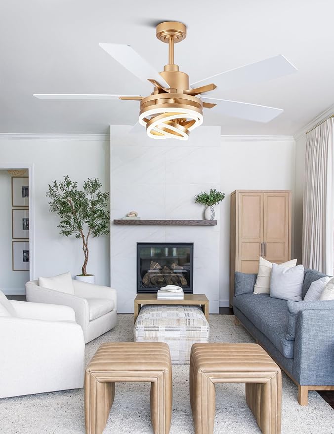 52" White and Gold Modern Chandelier Fandelier Ceiling Fan with Light | DC motor, reversible, dimmable, 3 adjustable rings for DIY shape; recommended for bedroom, living room, and indoor use.