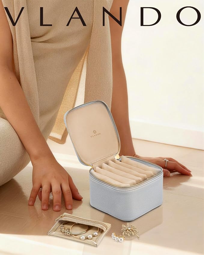 VLANDO Travel Jewelry Case,Travel Jewelry Organize with 6 Velvet Jewelry Zipper Pockets,Premium Petal Hardware Jewelry Case for Birthday Wedding Graduation Gifts-Baby Blue