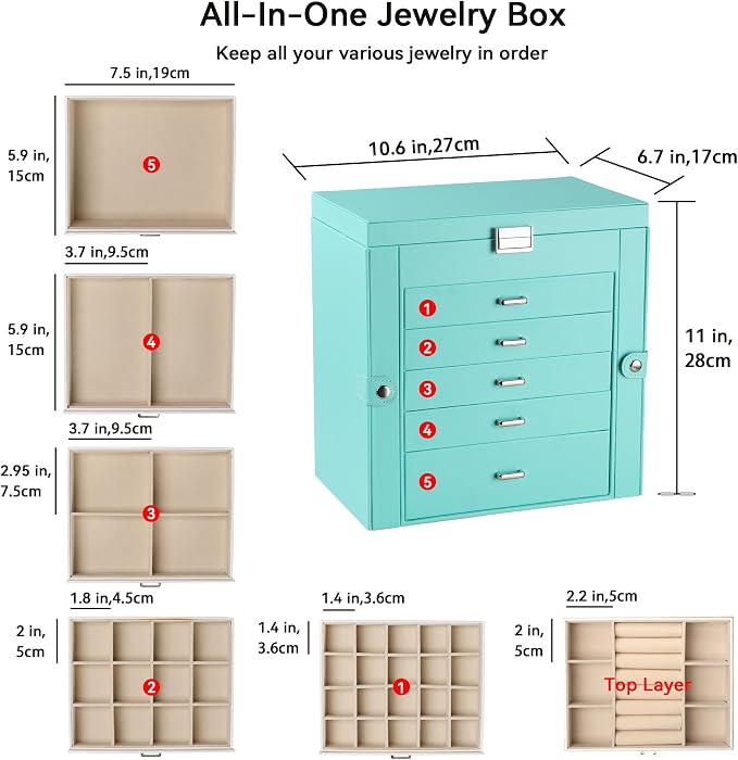 Frebeauty 6-Layer Jewelry Box for Women,Large Jewelry Organizer with Drawer | Faux Leather,Built-in Mirror,Spacious Jewelry Storage,16 Necklace Hooks,Organizing by Category for Rings Earrings Bracelet