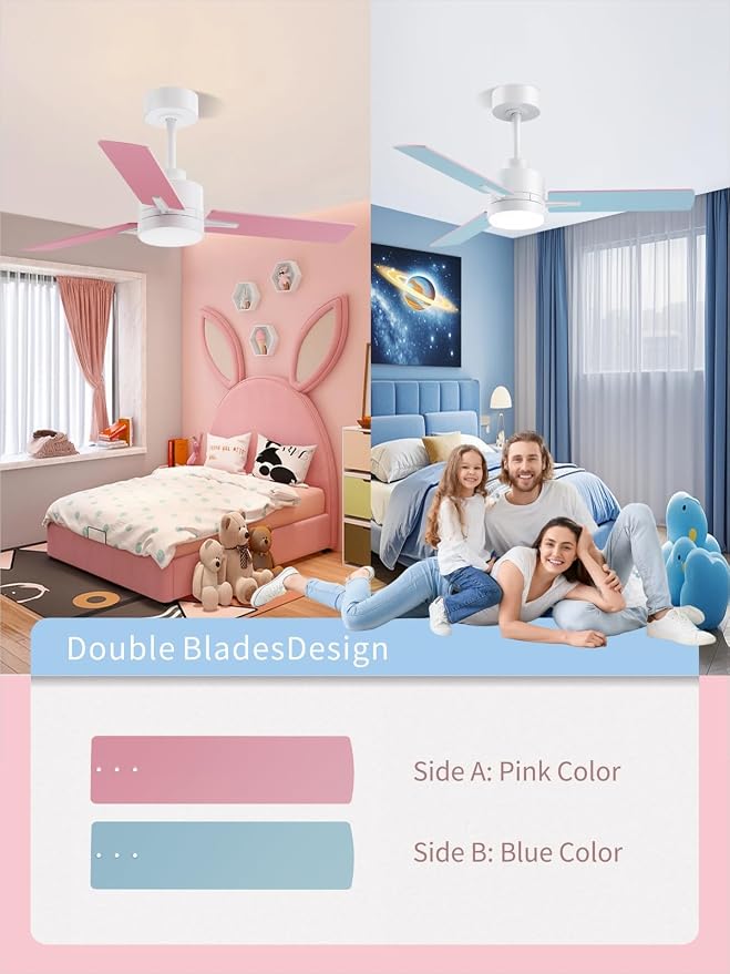 LANMEL 42'' Ceiling Fan with Lights and Remote, Pink Blue Ceiling Light for Kids Room, Modern Ceiling Fan for Boys Girls, 6 Speed, Reversible, 3000k-6000k LED, Quiet DC Motor for Indoor Outdoor