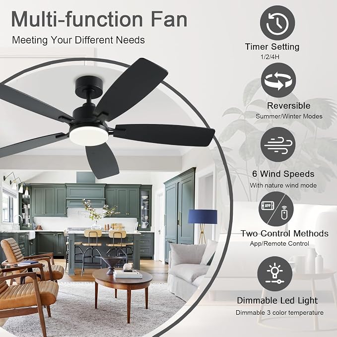 NKPU 52 Inch Ceiling Fans with Lights, Black Ceiling Fan and Remote/App Control, 2 Downrods, DC Reversible, Noiseless, Dimmable, 5 Dual-Sided Blades Modern Ceiling Fan for Indoor/Outdoor Use