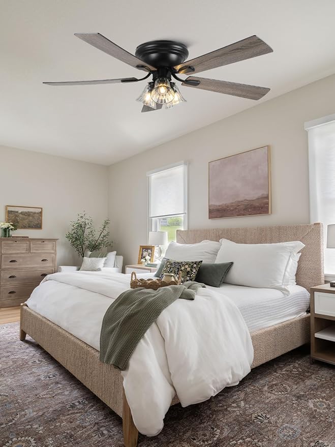 52 Inch Flush Mount Farmhouse Ceiling Fans with Lights and Remote Control | 5 Reversible Blades Vintage Low Profile Ceiling Fan with 3-Light 6 Speeds for Living Room Bedroom Kitchen Dining Room