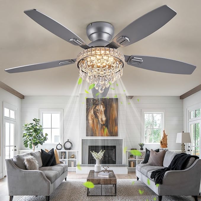 Crystal Ceiling Fan Fandelier with Lights-Ceiling Fans with Lights,50" Low Profile and Remote Control, Flush Mount, Reversible, Dimmable, Noiseless, Sliver Ceiling Fan for Bedroom
