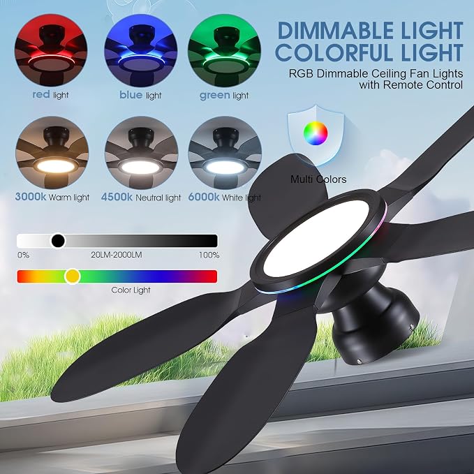 Kviflon Ceiling Fans with Lights and Remote/APP Control, 52 inch Low Profile Ceiling Fans with Dimmable White + RGB Ring Lights, 6 Speeds 5 Curved Blades for Kids Room Bedroom Bar, Black