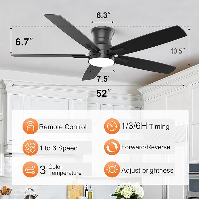 YUHAO 52 Inch Flush Mount Black Ceiling Fan with Light and Remote Control.Noiseless,Dimmable,3CCT,6 Speeds Reversible, Low Profile DC Ceiling Fans for Indoor or Covered Outdoor Use,ETL Listed