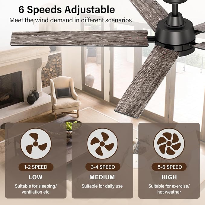 60 Inch Black Ceiling Fans with Lights and Remote, Reversible, 3CCT, Dimmable, Noiseless, Large Ceiling Fan for Bedroom, Living Room and Patio, Indoor/Outdoor Use