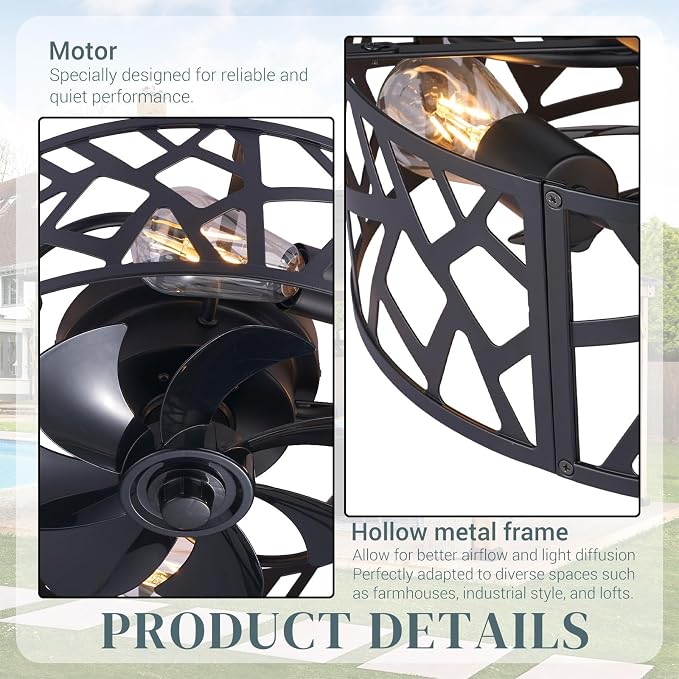 20" Farmhouse Flush Mount Ceiling Fan with Light and Remote, Black Caged Low Profile Fandelier, 6-Speed Reversible Enclosed Ceiling Fan for Bedroom, Kitchen, Small Room