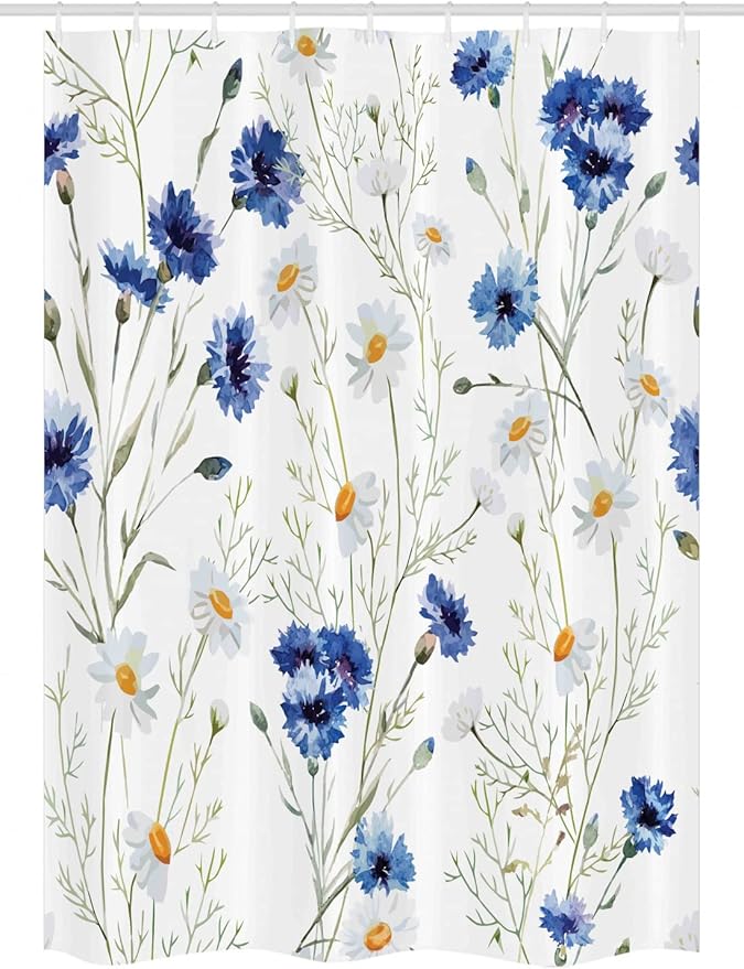 Ambesonne Watercolor Flower Stall Shower Curtain, Wildflowers and Cornflowers Daisies Blooms Flower Buds Art, Fabric Bathroom Decor Set with Hooks, 54" W x 78" L, Green Marigold