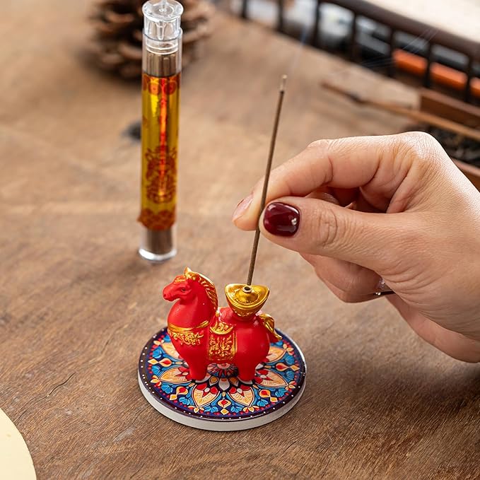 Horse Incense Burner-Resin Fortune Horse Incense Holder with Tray & Gift Box,Aromatherapy Decor for Yoga, Meditation,Home Office,Horse Lover Gift (Red)