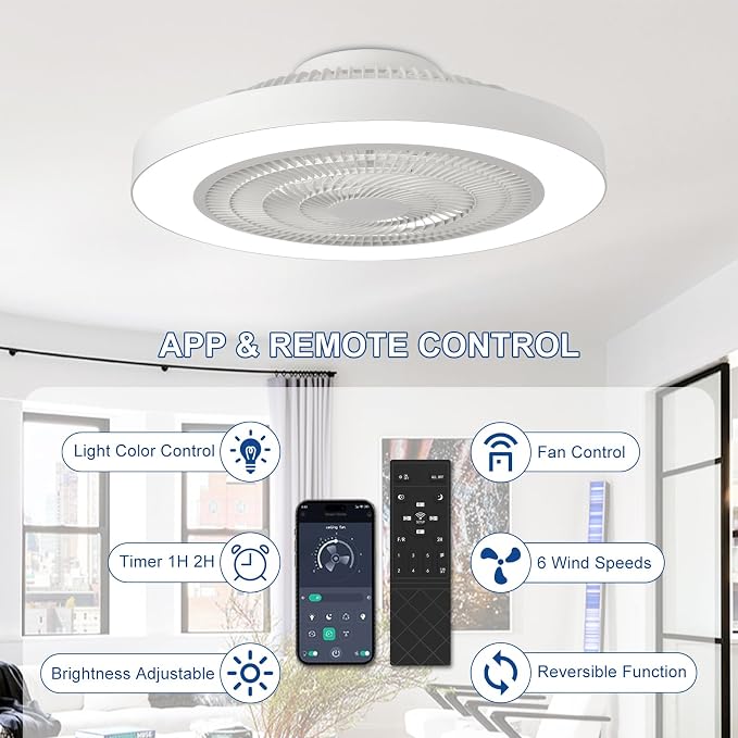 Depuley Modern Ceiling Fan with Light: 19" Bladeless Flush Mount Low Profile LED Ceiling Fans with Remote APP Control - White Enclosed Fandelier Dimmable Quiet for Bedroom Kids Room Apartment Loft