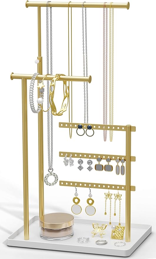 susswiff Jewelry Holder Organizer Stand - Adjustable Tall 17.5" (Max), Sturdy Jewelry Hanger for Necklaces, Earrings, Bracelets, Rings, Jewlery Display and Storage, Gold and White, Metal