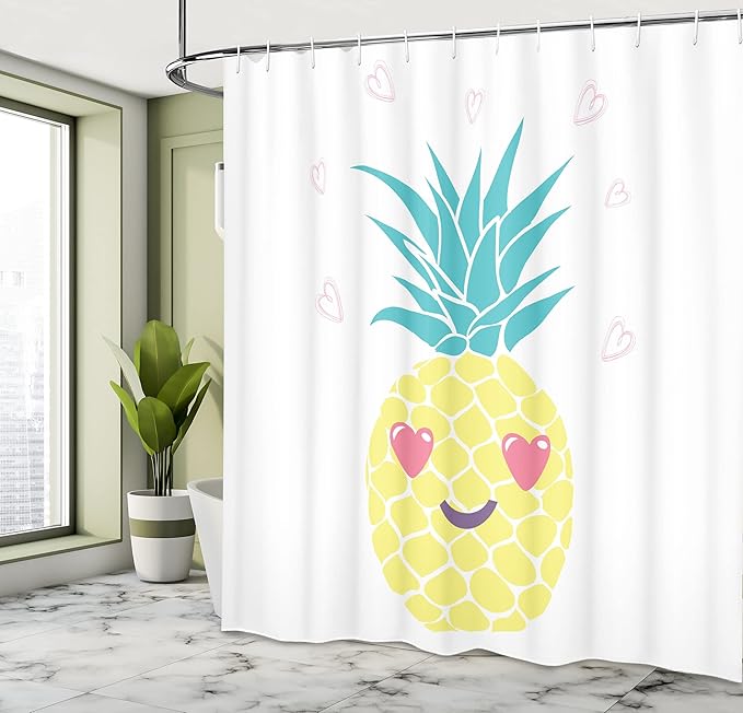 Ambesonne Tropical Shower Curtain, Pineapple Design a Smile and Heart Eyes Exotic Love Themed Fruit Portrait, Cloth Fabric Bathroom Decor Set with Hooks, 69" W x 75" L, Turquoise Yellow