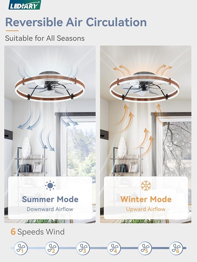 LEDIARY 24" Ceiling Fans with Lights and Remote, Low Profile Ceiling Fan with Light, 3000-6000K Dimmable Fandelier Ceiling Fans, Modern Flush Mount Fan Light for Bedroom with 6 Wind Speeds - Walnut