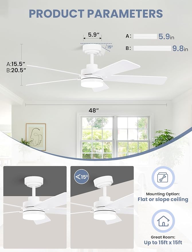 48 Inch Ceiling Fan with Lights and Remote, Downrod Mount, Sloped Ceiling Compatible up to 15°, Quiet Reversible DC Motor, 3CCT Dimmable LED, White Ceiling Fan for Bedroom Living Room