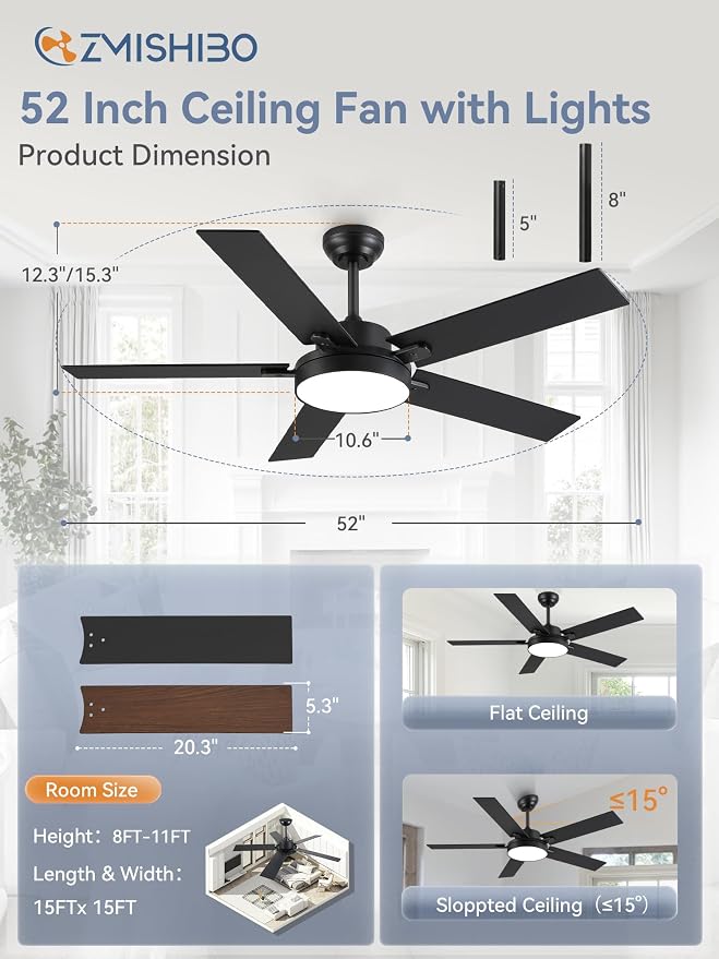 ZMISHIBO 52 Inch Ceiling Fans with Lights, Smart Remote/APP Control, Modern Ceiling Fan with 6 Speeds & 3CCT, Dimmable 30W LED, Quiet DC Motor, Noiseless for Living Room, Bedroom, Kitchen, Black