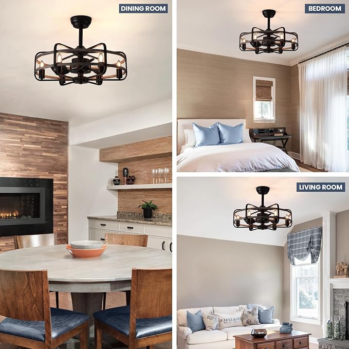 NOXARTE Cage Ceiling Fan with Light, Vintage Fandelier Remote Control, Bladess Industrial Chandelier Ceiling Fan Reverse Motor for Living Dining Room Bedroom Dia 25 Inch