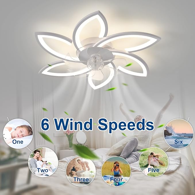 30" Geometric Ceiling Fan with Light Remote Control, 6 Speeds 3 Colors, White Low Profile Flush Mount Ceiling Fan for Kitchen Bedroom Living Room