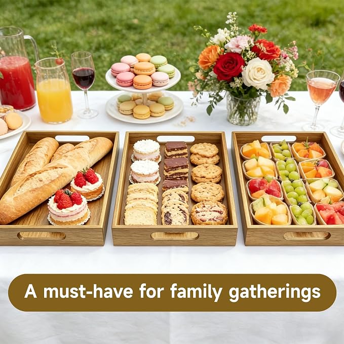 17 x 12 Inch Acacia Wood Large Serving Tray with Handles | Large Wood Tray for Drinks, Food, Ottoman & Breakfast in Bed, Leather Mat Included