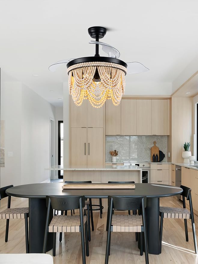 42 Inch Boho Retractable Ceiling Fan with Lights Boho Fandelier Ceiling Fan Wood Beaded Coastal Chandelier, 6 Speeds Reversible Quiet DC Motor 3 E26 for Bedroom Living Room