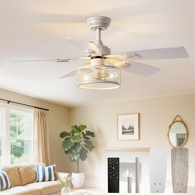 Depuley 42-Inch Ceiling Fans with Lights: Caged Ceiling Fans Dual Finish 5 Blades - Rustic Ceiling Fan with Remote Control for Farmhouse Living Room Outdoor Porch Noiseless (White Grey)