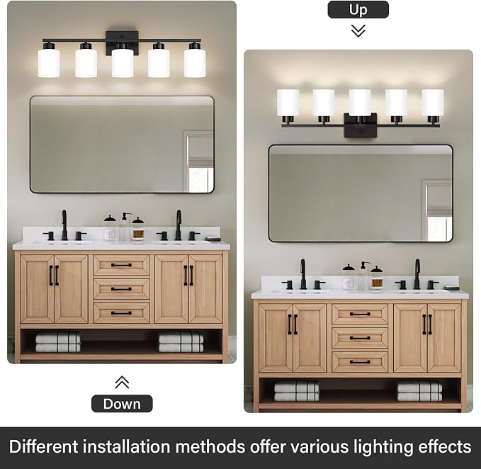FonmYim Black Bathroom Light Fixtures, 5-Light Modern Vanity Light Over Mirror, Wall Sconces with Milky White Frosted Glass Shades, E26 Socket (Bulbs Not Included)