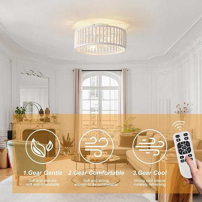 Ceiling Fans with Lights and Remote - Bulbs Included | Tropical Caged Fandelier with Handcrafted Beaded Décor | Flush Mount Installation Fan Lighting Fixture | 19 inches | Off-White