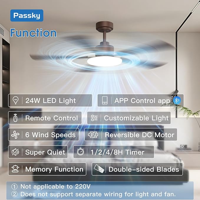 Passky Ceiling Fans with Lights, 52 inch Sleek Ceiling Fan with Light and Remote Control, 3CCT, Dimmable, Reversible, Noiseless, Brown Ceiling Fan for Bedroom, Living Room