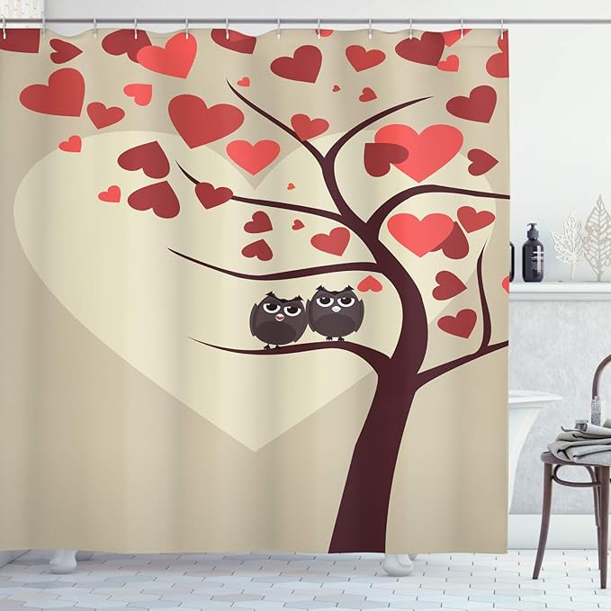 Ambesonne Owls Shower Curtain, Owl Couples Sitting on Branch Valentine Tree Valentines Day Anniversary Artwork, Cloth Fabric Bathroom Decor Set with Hooks, 69" W x 70" L, Red Brown Ivory