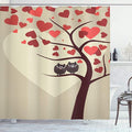 Ambesonne Owls Shower Curtain, Owl Couples Sitting on Branch Valentine Tree Valentines Day Anniversary Artwork, Cloth Fabric Bathroom Decor Set with Hooks, 69" W x 70" L, Red Brown Ivory