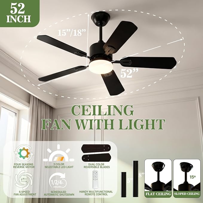 Ceiling Fans with Lights, 52 Inch Low Profile Ceiling Fan and Remote Control, Dual-Sided Blades, 6 Speed Fan, Dimmable Light Flush Mount Ceiling Fan for Bedroom Living Room, Black
