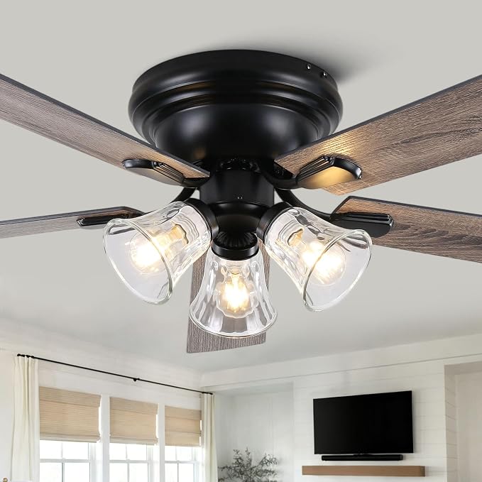 Dawn Whisper 60 Inch Farmhouse Flush Mount Ceiling Fans with 3 Lights Bulbs Base Vintage Low Profile Ceiling Fan for Living Room Bedroom