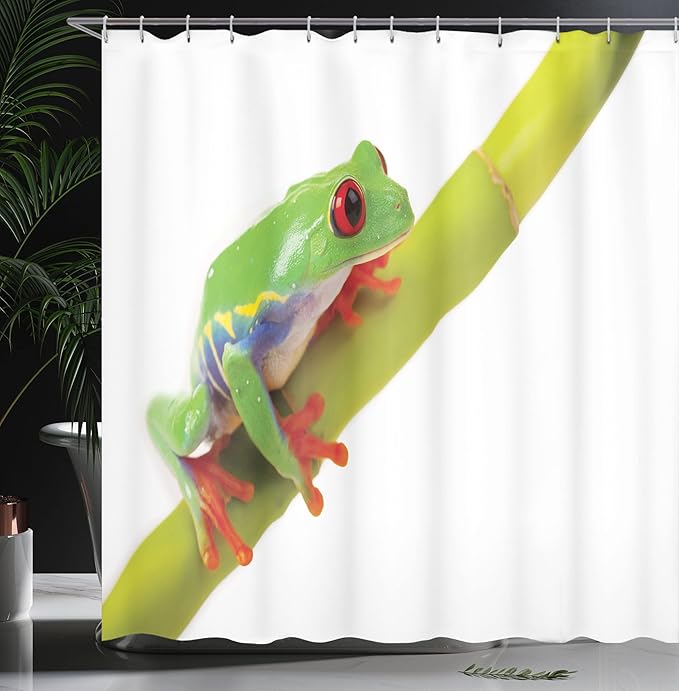 Ambesonne Animal Shower Curtain, Little Tree Frog Sitting on The Branch Native Animals in American Wilds, Cloth Fabric Bathroom Decor Set with Hooks, 69" W x 75" L, Green White Red