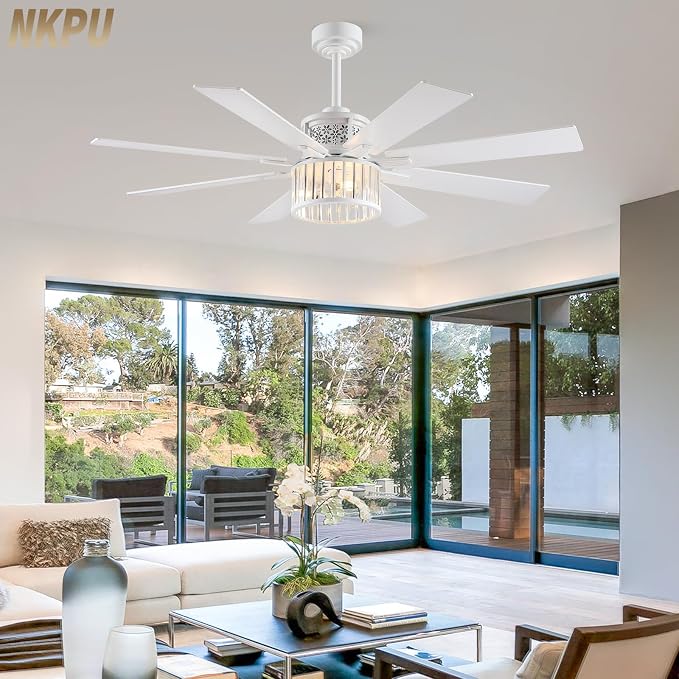 NKPU 52" Farmhouse Crystal Ceiling Fans with Lights and Remote, Chandelier Industrial Ceiling Fan with Dual 8 Blades, 6 Speed Reversible Motor, Timing, White Ceiling Fan for Living room, Bedroom