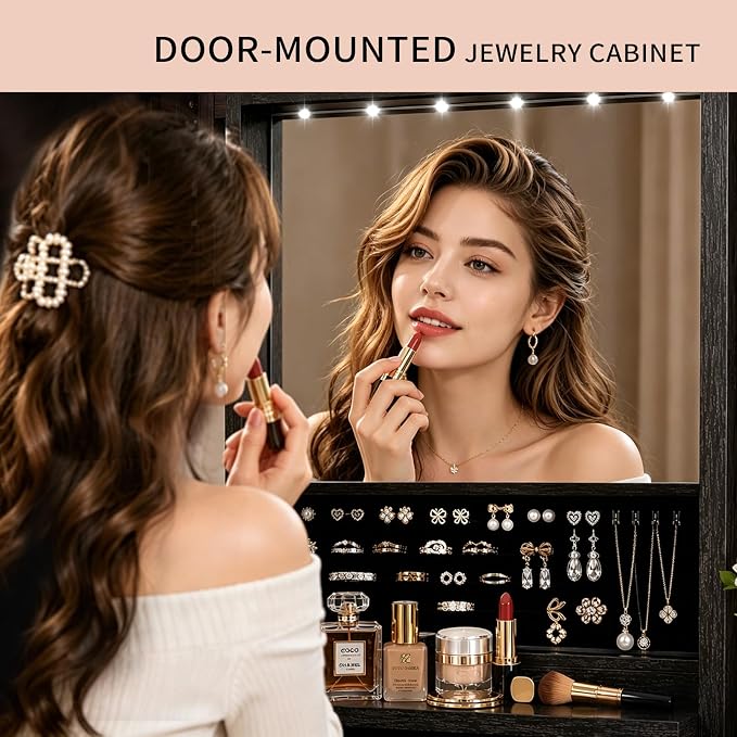 Over the Door Jewelry Organizer, Wall Mounted Jewelry Cabinet, Hanging Mirror with Storage Box, Wall/Door Mounted Full Length Mirror with LED