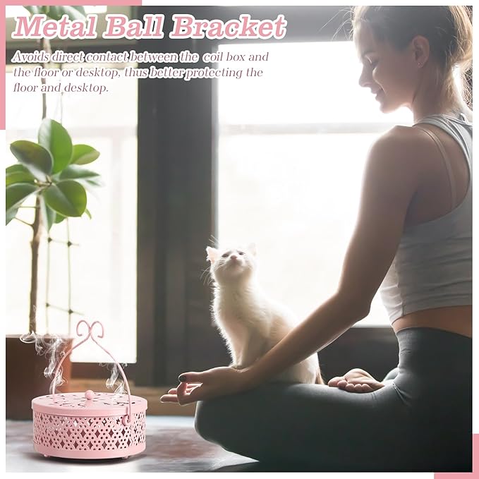 Lallisa Incense Coil Holder Sets, Round Metal Hanging Incense Burner with Handle and Lid, Portable Coil Burner Stand Container for Patio Camping Garden Home Indoor Outdoor Decor(Pink,2 Pcs)