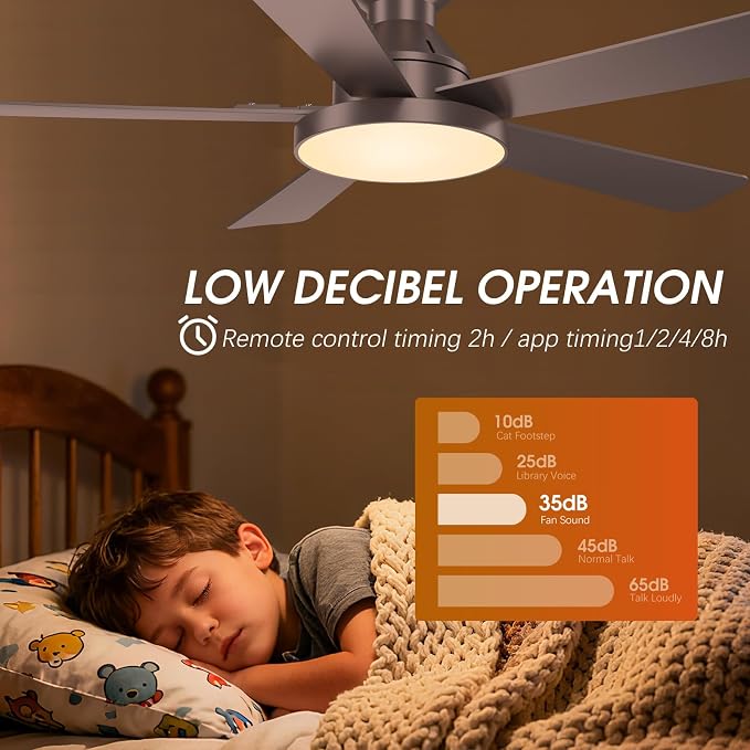 Ceiling Fans with Lights, 52 inch Low Profile Ceiling Fan with Light, Remote/App Control, Flush Mount Modern Ceiling Fan for Bedroom, Indoor/Outdoor (Brown)
