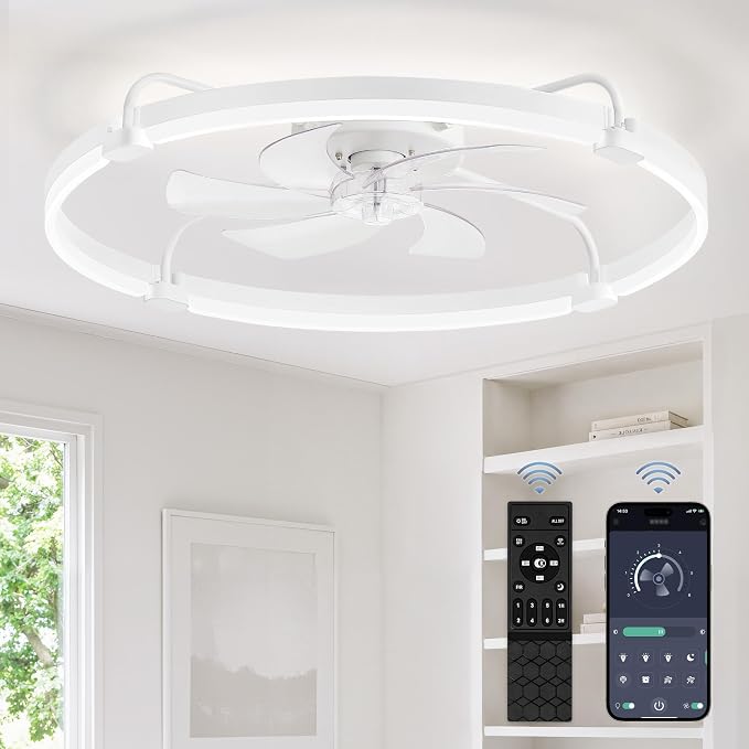 LEDIARY 30" Ceiling Fans with Lights and Remote, Low Profile Led Fan Light | Stepless Dimmable Fandelier, 6 Wind Speeds, Remote and APP Control, Flush Mount Ceiling Fan for Bedroom, Living Room, White