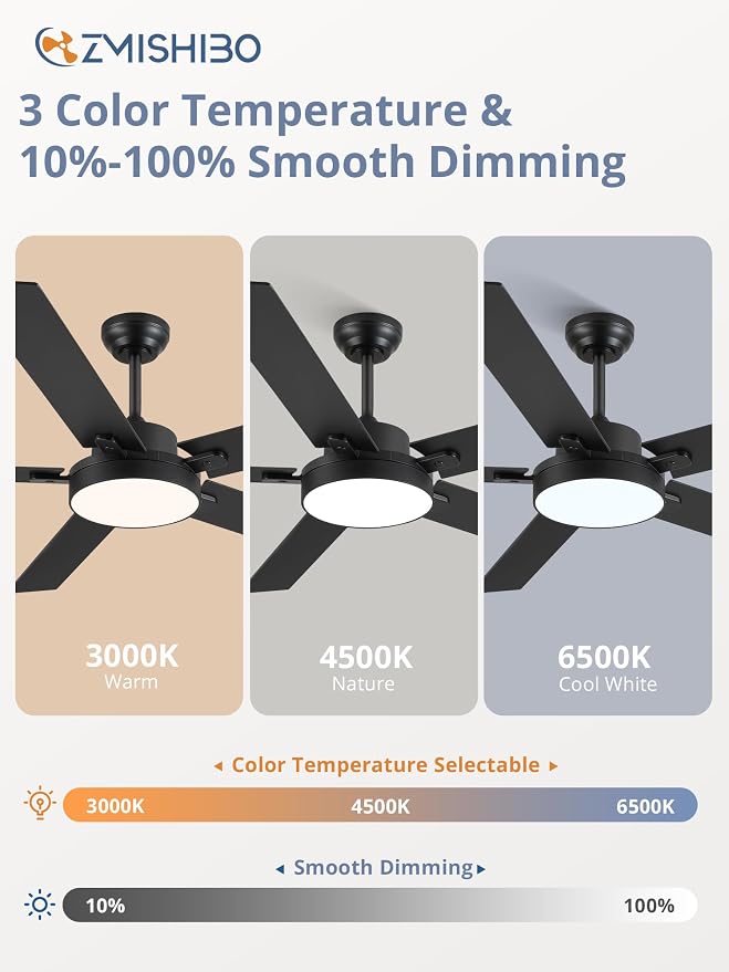 ZMISHIBO 60 Inch Ceiling Fans with Lights, Smart Remote/APP Control, Modern Ceiling Fan with 6 Speeds & 3CCT, Dimmable 30W LED, Quiet DC Motor, Noiseless for Living Room, Bedroom, Kitchen, Black