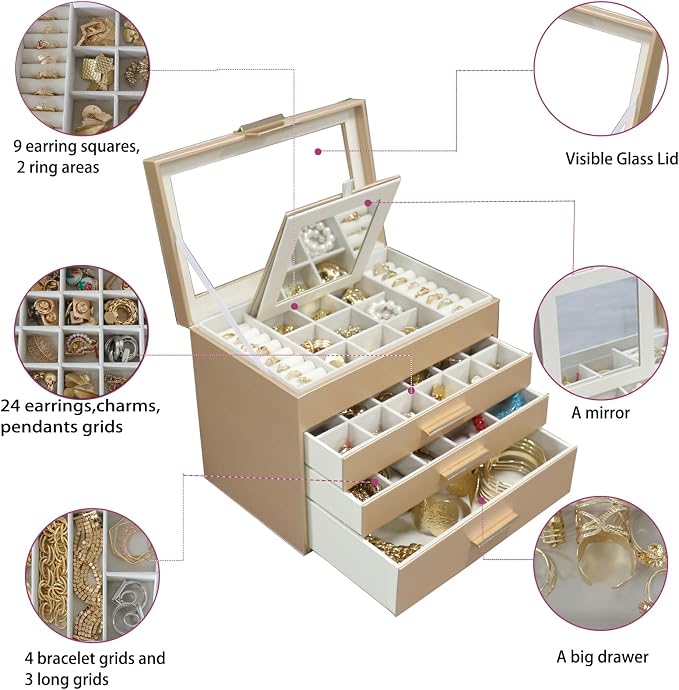 BOOVO Jewelry Boxes for Women, White and Black 6 Layer Large Jewelry Box for Necklace, Bracelet, Earrings, Rings Storage, Jewelry holder Organizer for Girls Gift (Gold, 4 layer)
